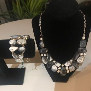 Grey and white stone necklace and bracket set with gold chain